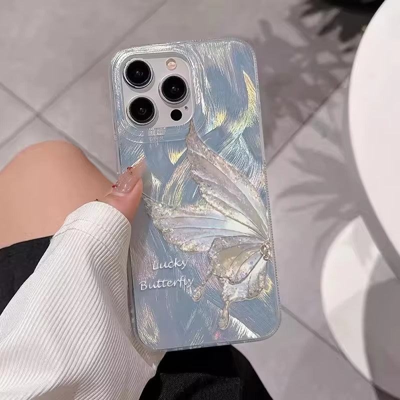 Luxury Apple iPhone Case, MagSafe Compatible, Camera Lens and Screen Protection, Ultra Thin, Shockproof, Magnetic, Full All Around Protection, Laser Silver Butterfly Cover