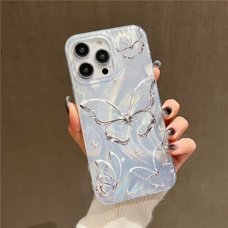 Luxury Apple iPhone Case, MagSafe Compatible, Camera Lens and Screen Protection, Ultra Thin, Shockproof, Magnetic, Full All Around Protection, Laser Silver Butterfly Cover
