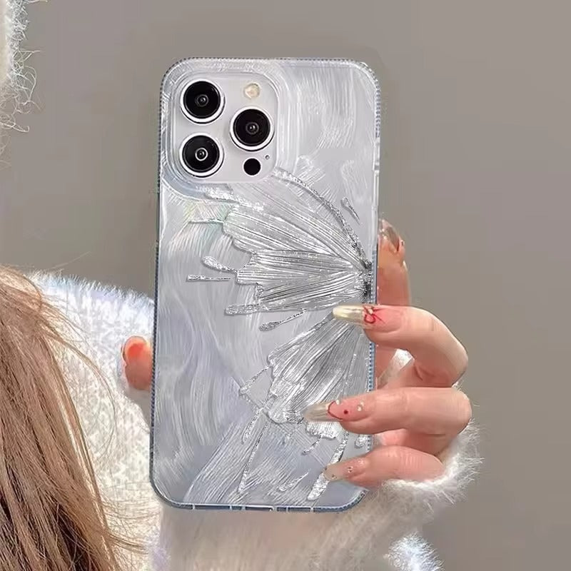 Luxury Apple iPhone Case, MagSafe Compatible, Camera Lens and Screen Protection, Ultra Thin, Shockproof, Magnetic, Full All Around Protection, Laser Silver Butterfly Cover