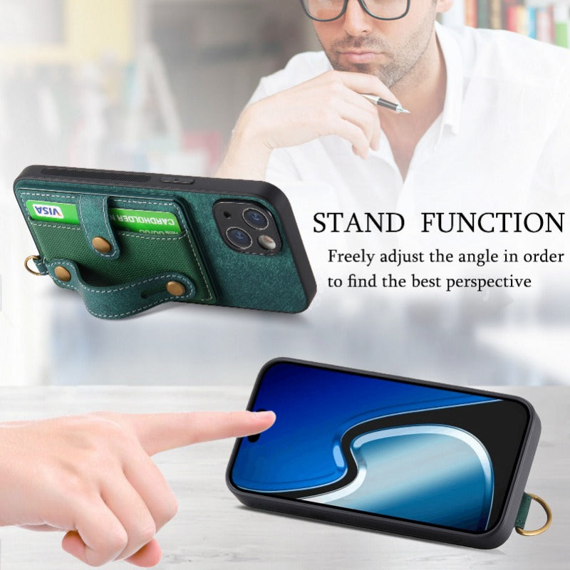 Luxury PU Leather Wallet iPhone Case with Wrist Strap – Stand Function, Card Holder, Protection for Secure and Convenience