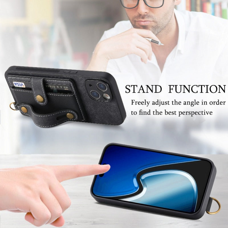 Luxury PU Leather Wallet iPhone Case with Wrist Strap – Stand Function, Card Holder, Protection for Secure and Convenience