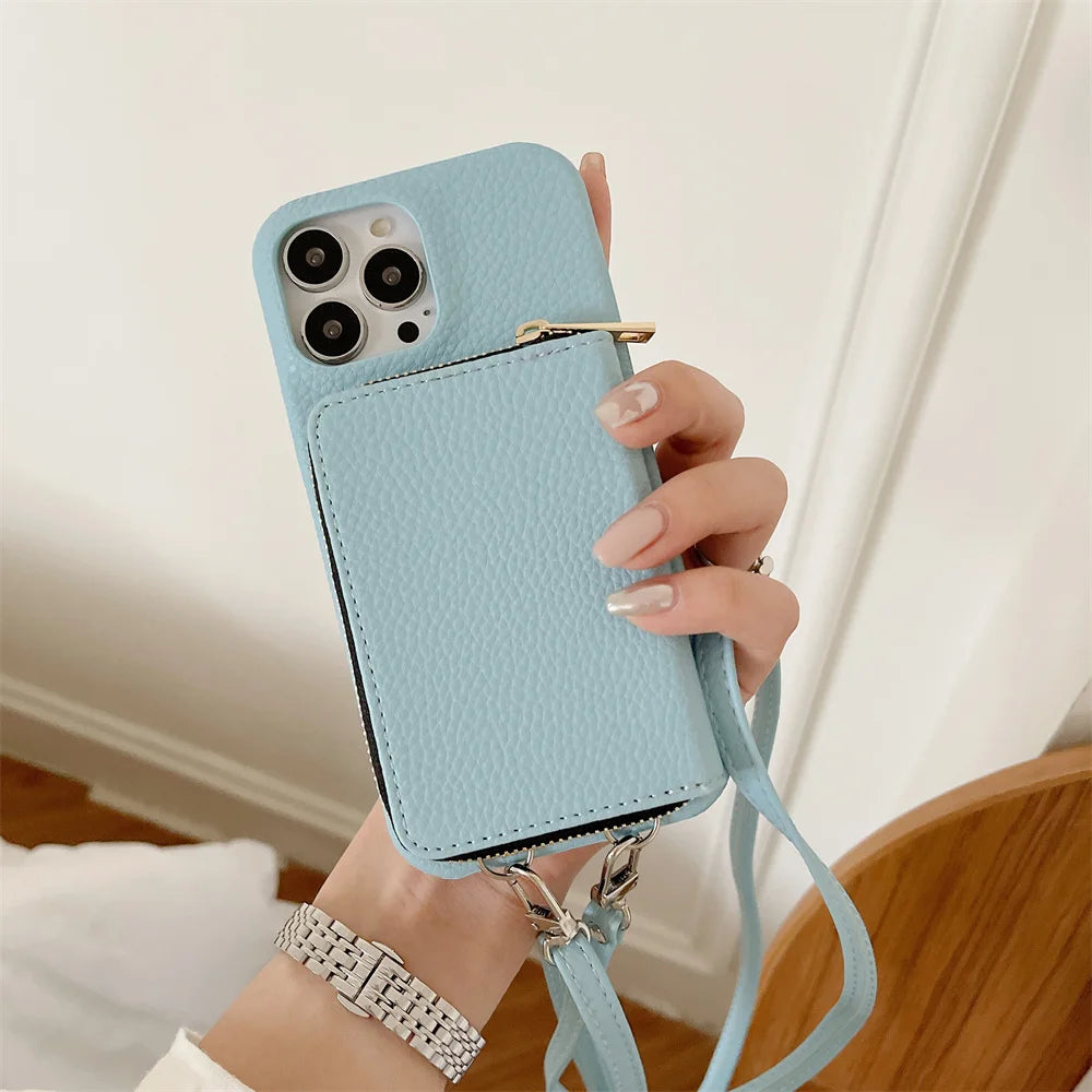 Luxury Zipper Wallet Crossbody iPhone Case – Leather Cover with , Shoulder Lanyard, and Full Protection for iPhone Models